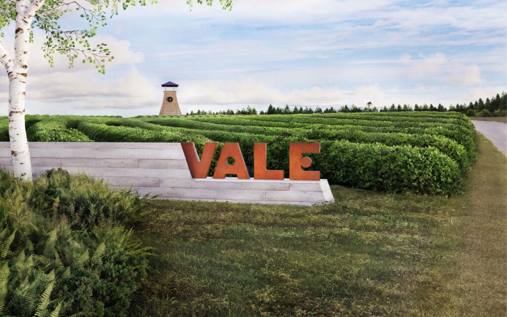 Vale Matcha sign at entrance with fields