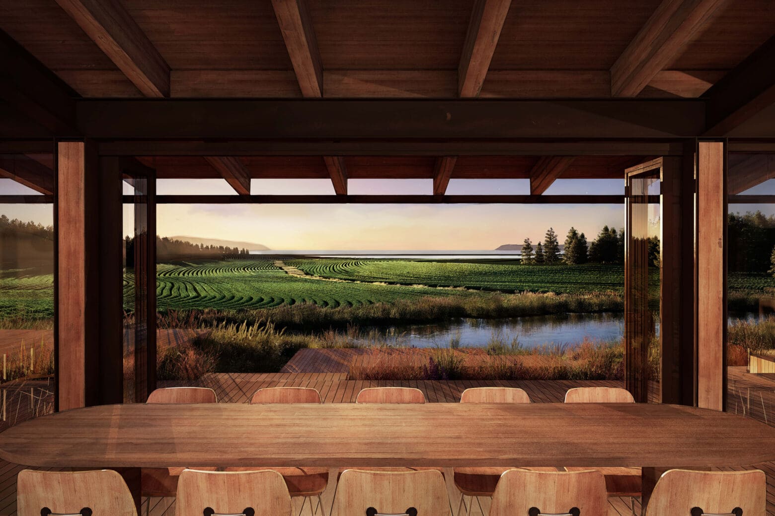 Rendering of tea tasting room looking out to field and views.